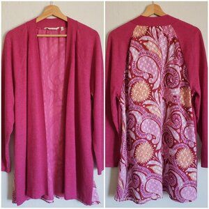 Soft Surroundings Paisley Pattern Back Open Front Cardigan Sweater Pink Size XL